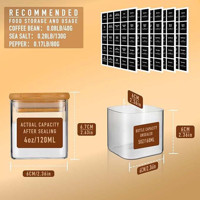 5oz Airtight Square Spice Containers with Bamboo Lid Set of 12 with Black Lables Storage Stackable Spice Jar, Kitchen Canister for Sugar, Tea, Flour, Salt and Seasonings (?랢lear Glass)