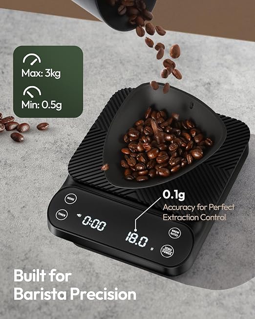 Maestri House S3 Coffee Scale with Timer, 3kg/0.1g Rechargeable Digital Scale, 3 Brew Modes, Adjustable Ratios & Flow Rate Display, Barista-Grade for Pour-Over, Espresso, French Press ??Black
