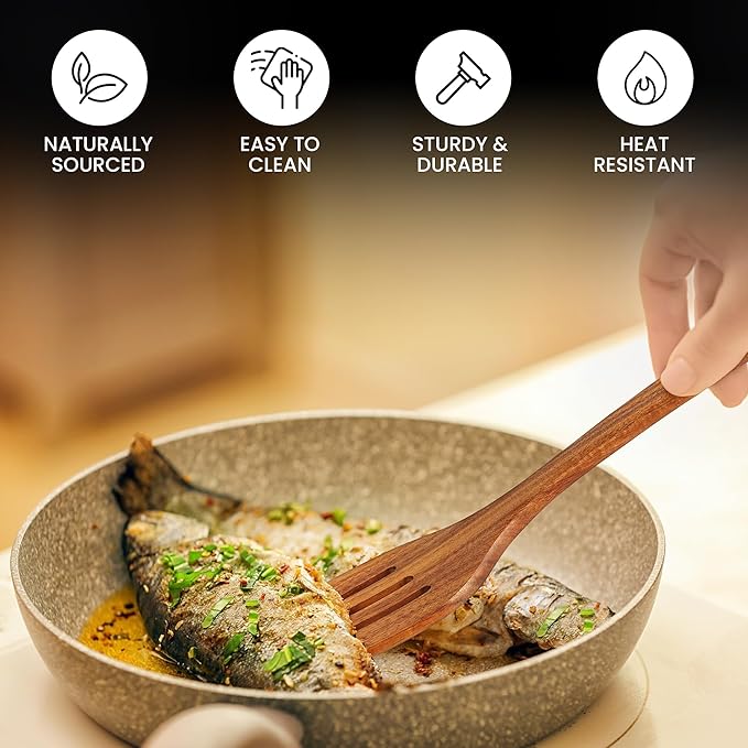 Zulay Kitchen Teak Wood Slotted Spatula ??Durable & Heat-Resistant Cooking Utensil for Non-Stick Pans ??Wooden Turner for Stirring, Flipping & Serving - Brown