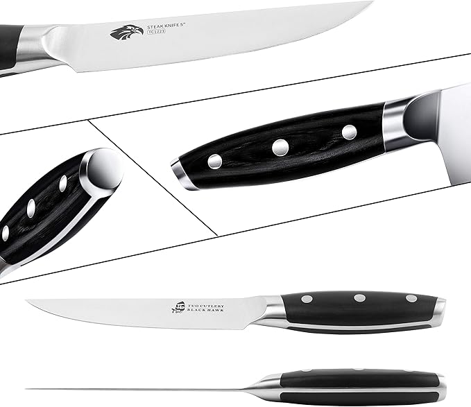 TUO Steak Knife - 5 inch Professional Kitchen Steak Knife Set 4 Table Dinner Knife - German HC Stainless Steel - Non Slip Pakkawood Handle - BLACK HAWK SERIES Including Gift Box