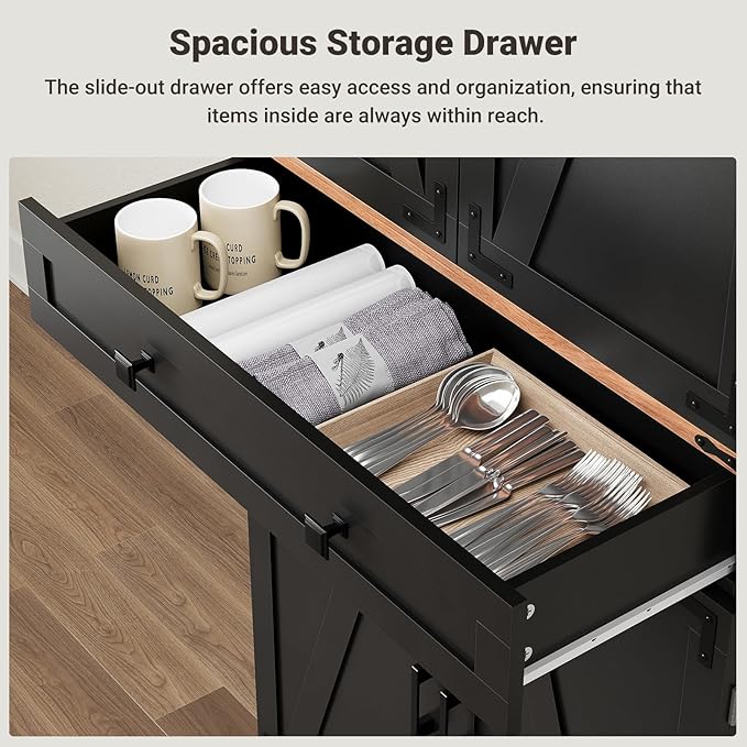 ELYKEN 72" Pantry Cabinet, Black Farmhouse Tall Kitchen Storage Cabinet with Drawer, Sliding Rack & Door Shelf for Spice Snacks Canned, Dining Room Kitchen
