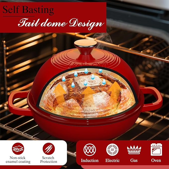 Enamelled Cast Iron Dutch Oven Pot ??Dutch Oven Pot with Lid For Sourdough Bread Baking ??Cast Iron Bread Oven ??Red, Umite Chef 6QT Pot with Lid & Cotton Potholders