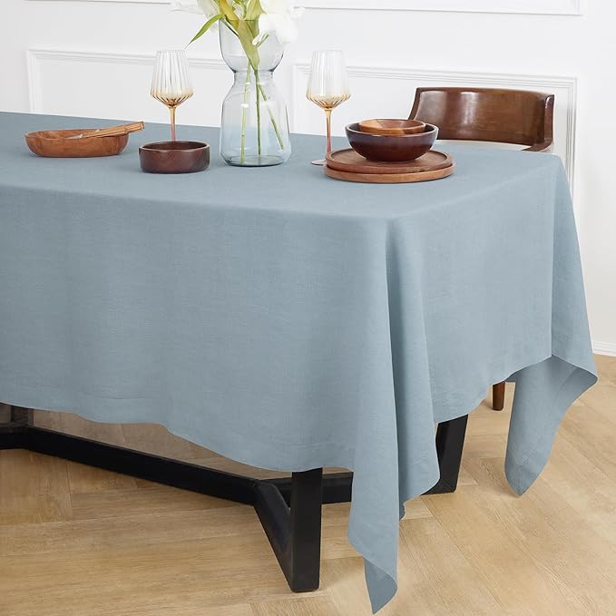 Solino Home Dusty Blue Linen Tablecloth 70 x 90 Inch - 100% Pure Linen Table Cloth for Rectangle Tables - Sonoma, Machine Washable Tablecloth for Winter, Spring, Easter