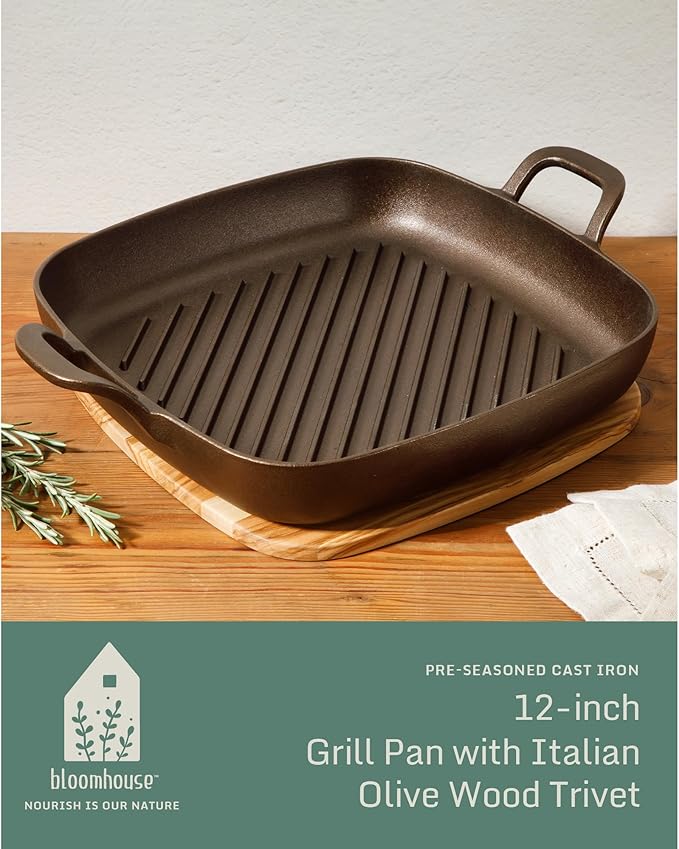 Bloomhouse - Two Time Oprah's Favorite Things Winner - Natural Bronze Finish 12" Square Cast Iron Grill Pan ??Olive Oil Treated Surface w/Dual Handles & Olive Wood Trivet, Oven Grill Campfire Safe