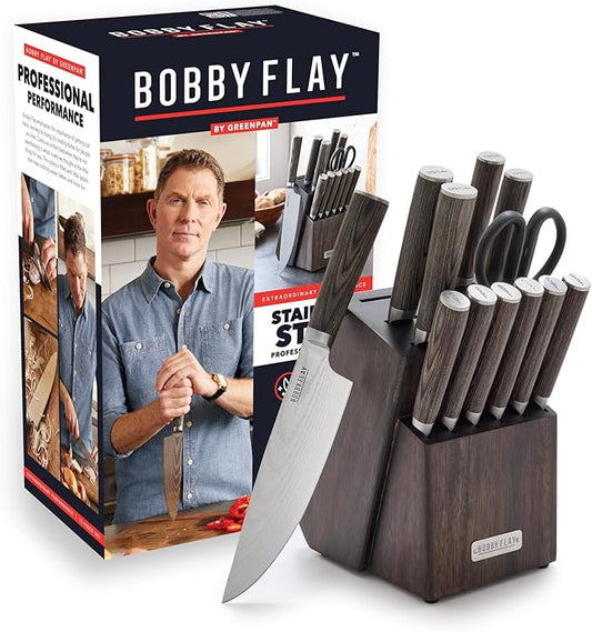 GreenPan x Bobby Flay 13 Piece Stainless Steel Cutlery Kitchen Knife Block Set, Premium Stainless Steel Blades, Acacia Wood Knife Block, Hand Finished Ergonomic Wood Handle, Damascus Steel Design