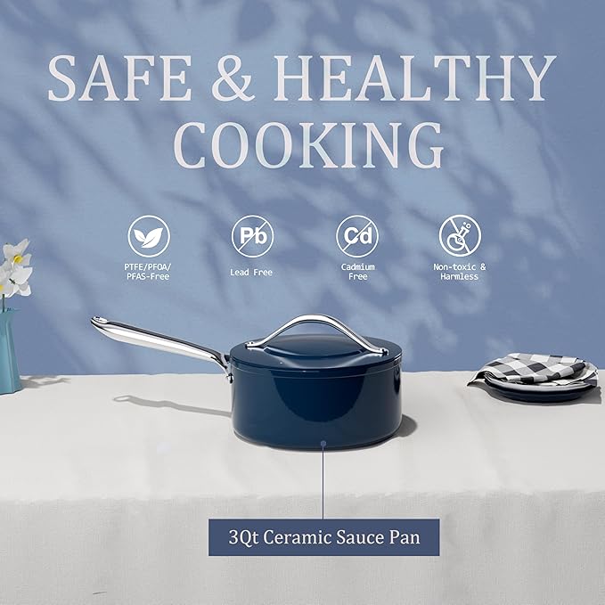 10-Piece Navy Blue Non-Stick Ceramic Pots & Pans Set with Lids, Complete Kitchen Cookware for Soup, Pasta, Boiling & Saut챕ing, Dishwasher Safe, Induction Compatible, From Stovetop to Oven Safe