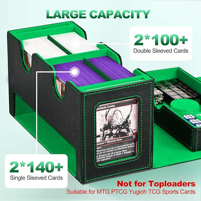 Card Deck Box for MTG, Double Card Storage Box with 2 Commander Display & 1 Dice Tray, Fits 200+ Double Sleeved Cards, Organizer for CCG TCG Sports Cards (Black Green)