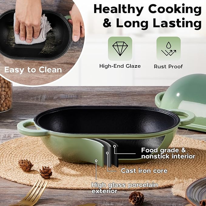 Onader Enameled Cast Iron Dutch Oven, 2.8QT Dutch Oven Pot with Lid for Sourdough Bread Baking, Oval Meatloaf Pan, Heavy Duty - Pistachio Green