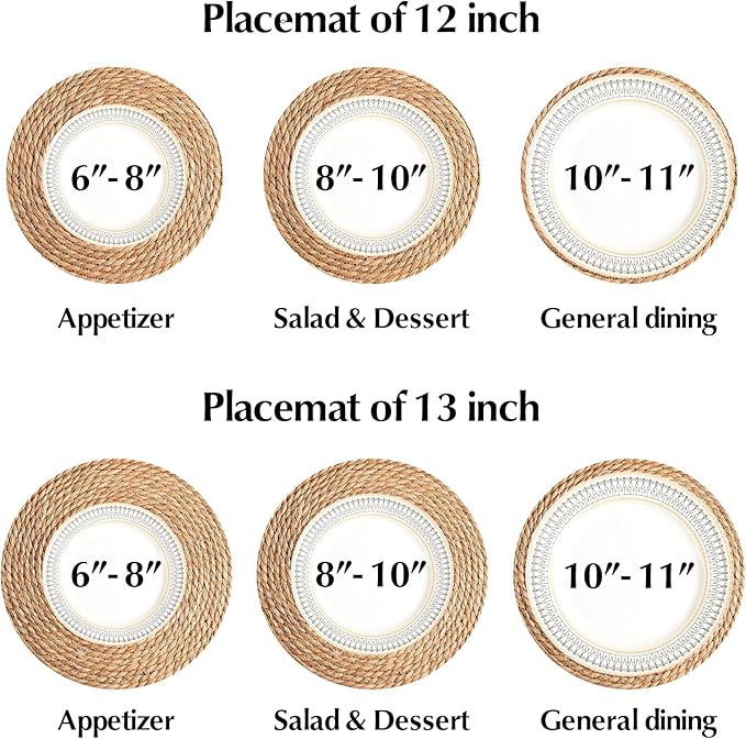 Round Woven Placemats 13 Inch Set of 10 - Boho Rattan Placemat Natural Water Hyacinth Placemats, Farmhouse Weave Place Mats, Rustic Braided Wicker Table Mats for Dining Table,Home,Wedding