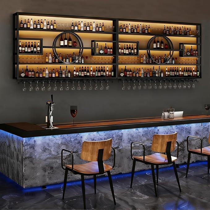 Wall Mounted Wine Rack, Modern Industrial Hanging Liquor Bottles Shelves with Wine Glass Holder, Metal Floating Wine Storage Display Shelf, for Bar, Kitchen, Wine Cellar (Gold, 240cm/94.5in)