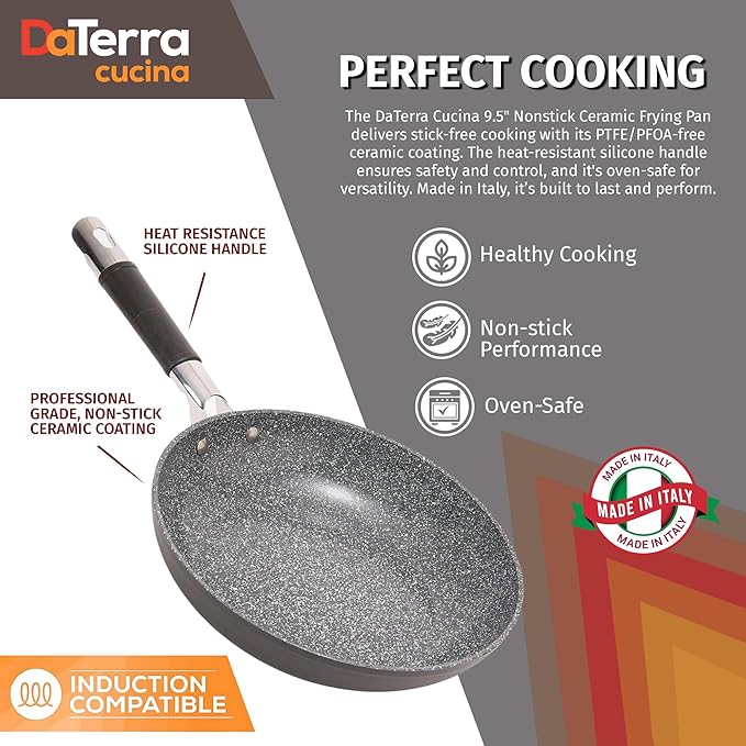 DaTerra Cucina - Nonstick Ceramic Frying Pan - Made in Italy - Oven & Induction Safe - High Heat Resistant Nonstick Cookware - Dishwasher Safe - Volcanic Black Speckled - 9.5"