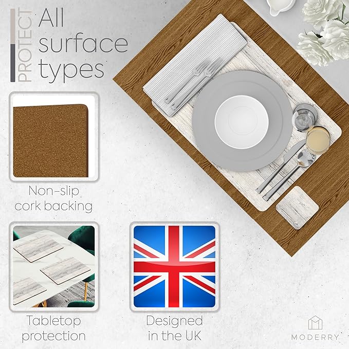 Moderry Set of 4 Heat Resistant Cork Placemats for Dining Table with Free Set of 4 Matching Drink Coasters Cork Wood Design Print 16 x 12 Inches Cork Backed Hard Placemats (White Driftwood)