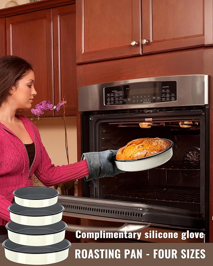 Roasting Pans Set Round Baking Dish 4-Pack 9/10/12/14 Inch Enamel Non-Stick Large Bakeware for Cake Pizza Turkey Roaster, Oven & Dishwasher Safe Christmas Gift for Ladies Cookware