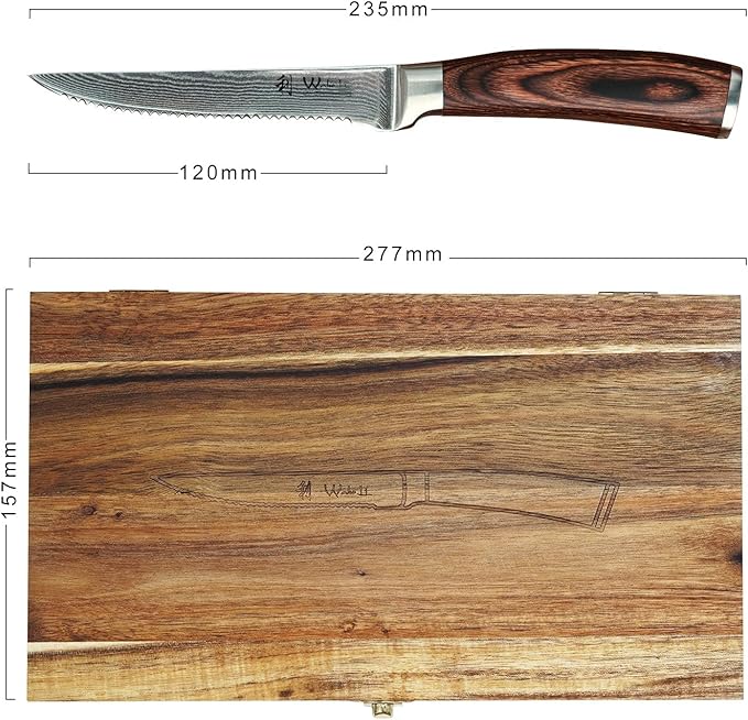Wakoli EDIB 4-Piece Damascus Steak Knife Set ??Professional Dining Kitchen Knives with VG10 Core Blades, 67-Layer Damascus Steel & Ergonomic Pakkawood Handles ??Premium Steak Cutlery in Gift Box