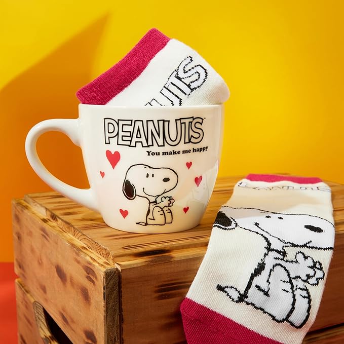 Get Trend Peanuts Snoopy Coffee Mug and Socks Set, 11.5 oz Ceramic Cup with Soft Crew Socks, Woodstock, Christmas, Secret Santa Gifts for Women (Pink Snoopy)
