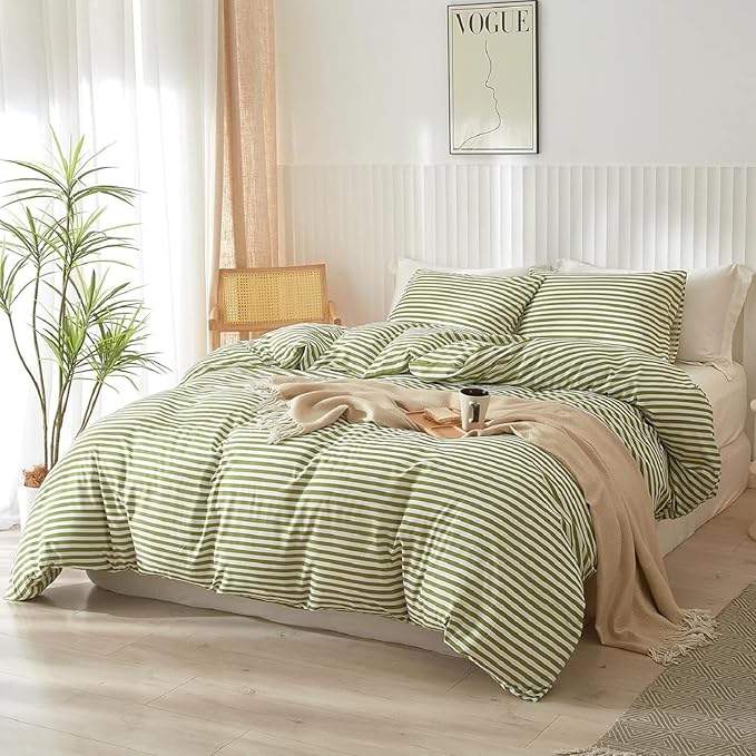 Striped Comforter Set Twin XL Modern Style Green White Stripes Pattern Bed Comforter for All Seasons 3 Pieces Boho Fluffy Comforter with 2 Pillowcases Cozy Farmhouse Lightweight Bedding Comforter Set