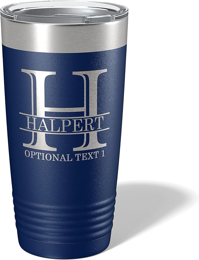 Personalized 20oz (17 Colors) Powder Coated Insulated Stainless Steel Tumbler with Lid, Custom Etched, Customized Engraved Gift Idea for Women Men Her Him, Halpert Monogram Initial Name (Navy Blue)