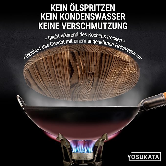 YOSUKATA Blue Round Bottom Wok Pan ??14" Stir Fry Pans Premium Wok Cover 14 inch - Wooden Lid