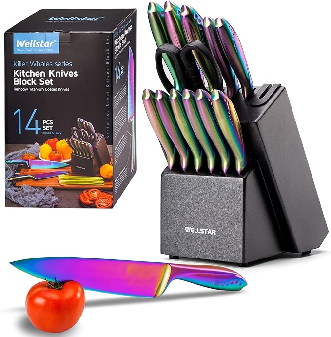 WELLSTAR Rainbow Knife Set 14 Pieces, Iridescent German Stainless Steel Kitchen Knives Set with Wooden Block, Colorful Titanium Coating, Chef?셲 Knife Block Set with Scissors and Built-in Sharpener