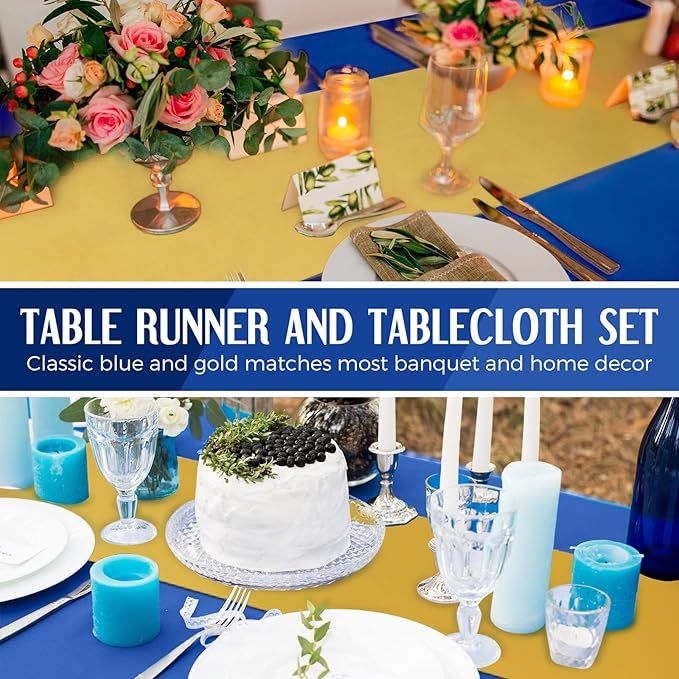 Tudomro 16 Pcs Gold and Dark Blue Disposable Plastic Tablecloths and Satin Table Runner Set 54x108 Inch Tablecloth 12x108 Inch Table Runners for New Year Wedding Birthday Baby Shower Graduation