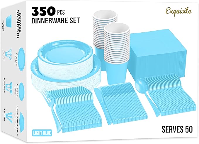 Exquisite 350 Pcs Light Blue Paper Plates For Party, Light Blue Disposable Plates Set, 50 Of Each 9" Dinner Plate Set, 7" Dessert Plate, Cups, Napkins & Cutlery Paper Dinnerware