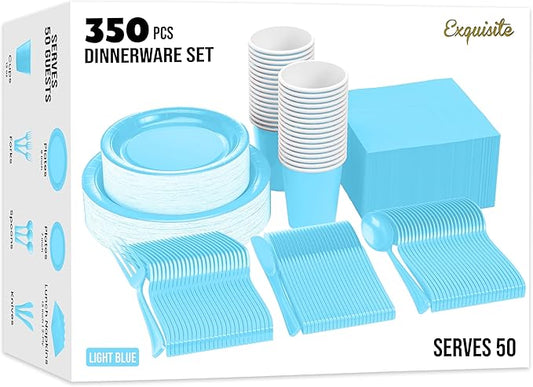 Exquisite 350 Pcs Light Blue Paper Plates For Party, Light Blue Disposable Plates Set, 50 Of Each 9" Dinner Plate Set, 7" Dessert Plate, Cups, Napkins & Cutlery Paper Dinnerware