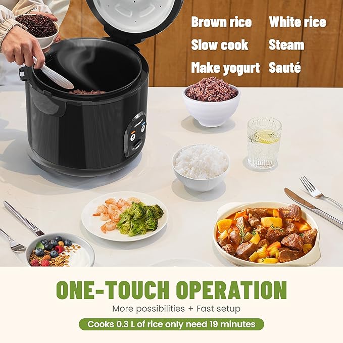 10-Cup Uncooked Rice Cooker & Food Steamer - Ceramic Coating Non-Toxic Inner Pot, One-Touch Multifunction for Rice/Sauté/Yogurt, Dishwasher Safe, 3-10 Family Size, Black