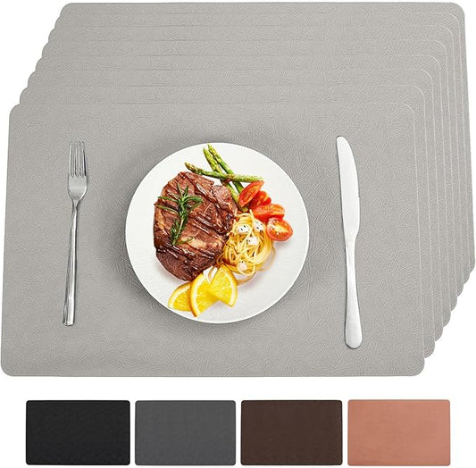 Bxzandya Vinyl Placemats Set of 8 Heat Resistant Easy Clean Non-Slip Place Mats for Dining Table Faux Leather Waterproof Stain Resistant Wipeable Washable PVC Table Mats(8, Light Gray)