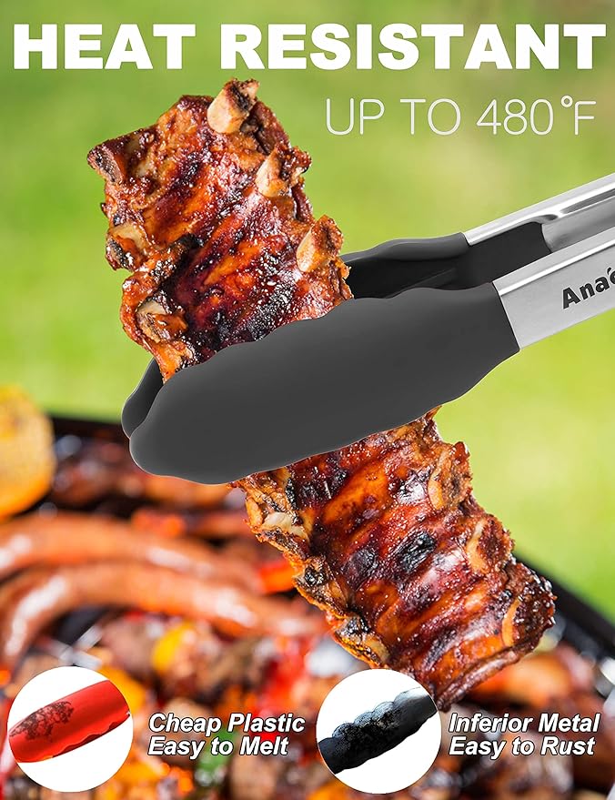 Anaeat Non-Stick Silicone Locking Tong - Stainless Steel 7" Mini Kitchen Food Tongs with Non-Slip Silicone Tips and Grip for Cooking, Baking and BBQ - Heat Resistant up to 480째F (Black)