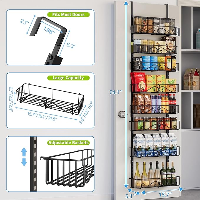Over the Door Pantry Organizer, 8-Tier Over the Pantry Organization And Storage, Metal Hanging Spice Rack Shelves Door for Home & Kitchen, Laundry Room Bathroom, Black