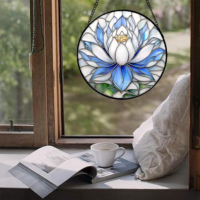 Stained Glass Window Hanging - Blue and White Lotus Petal Suncatcher for Doors Window Home Sun Catchers Decor Christmas Mother's Day July Birthday Gifts for Teacher Women Men Mom Nana 9.8 in