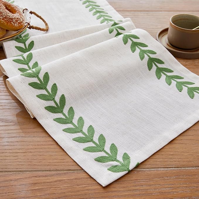 Wracra Embroidered Table Runner Irregular Willow Leaf Table Runners 36 Inches Long for Dresser Home Dining Table Decor,14 x 36 Inch, Green
