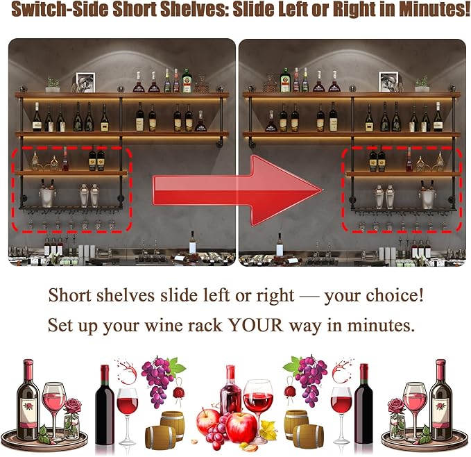 Solid Wood Wall Mounted Wine Rack, Large Wine Rack with LED Light, 4 Tiers Liquor Bottles Floating Shelves with Glass Holder, Industrial Bar Shelves for Home Bar Dining Room (78.7 IN/ 200CM)