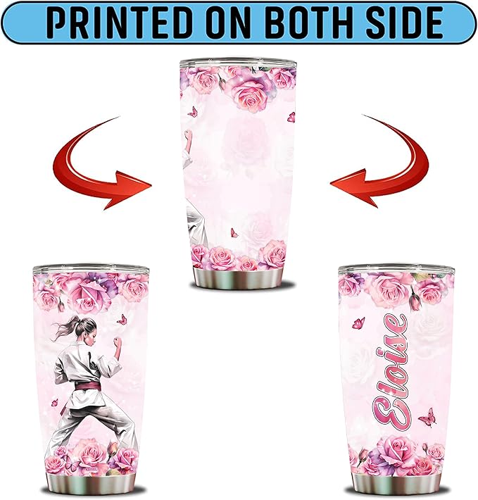 WONWIX Personalized Karate Tumbler for Girls, Stainless Steel Insulated 20oz Travel Cup Mug Water Bottle Perfect Birthday Mother's Day Valentine Christmas Gift for Women, Wife, Daughter