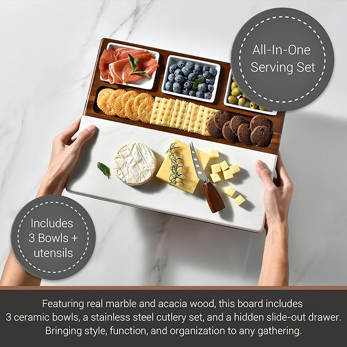Shanik Marble & Acacia Wood Cheese Board Set ??Includes 3 Ceramic Bowls, Stainless Steel Cutlery ??Charcuterie Platter Gift for Entertaining