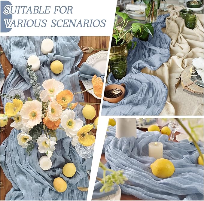 RealBox 3 Pack Dusty Blue Cheesecloth Table Runner 17x108 Inch Semi Sheer Boho Gauze Cheese Cloth Fabric Table Runners Table Decor for Wedding Party Baby Shower Birthday Home Decor Garden Farmhouse