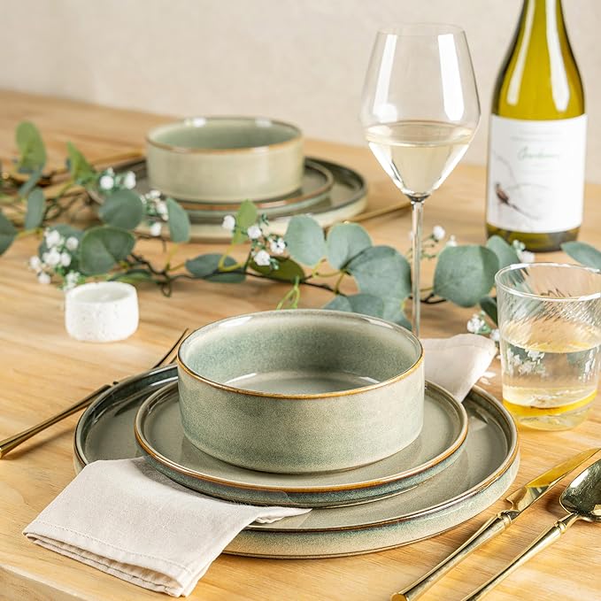 AmorArc Ceramic Dinnerware Sets, Handmade Reactive Glaze Stoneware Plates and Bowls Sets,Highly Chip and Crack Resistant | Dishwasher & Microwave Safe Dishes Set, Service for 4 (12pc)