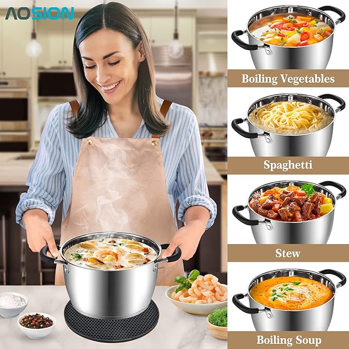 AOSION 6 Quart Steamer Pot With Lid, Nonstick Ceramic Steam Pot with Ladle (Stainless Steel Stockpot)