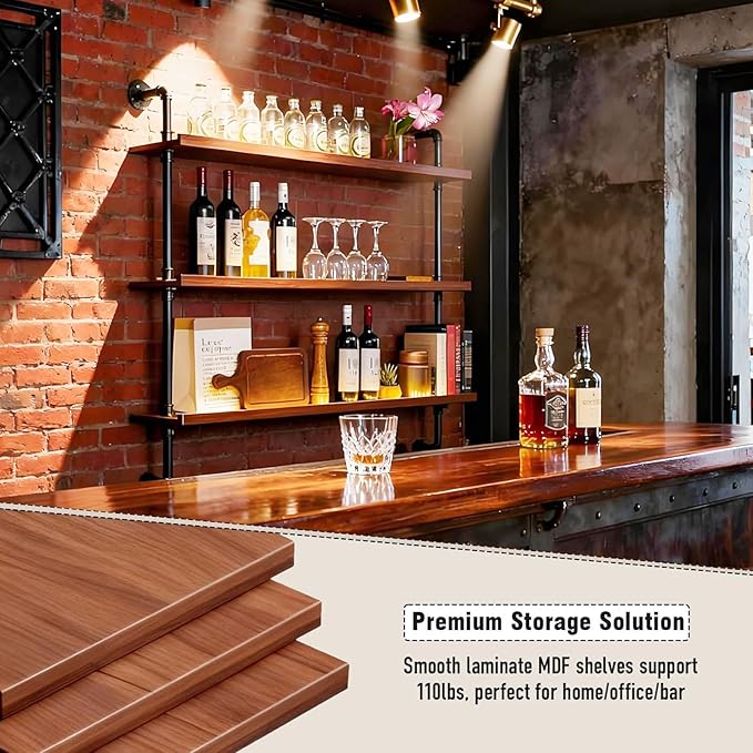 Wall Mounted Wine Rack with LED Light, 4 Tiers Large Wine Rack with Wine Glass Holder. lron & Wood Liquor Bottles Floating Shelves Display Storage for Bar, Kitchen, Cafe (Walnut, 160cm/63in)