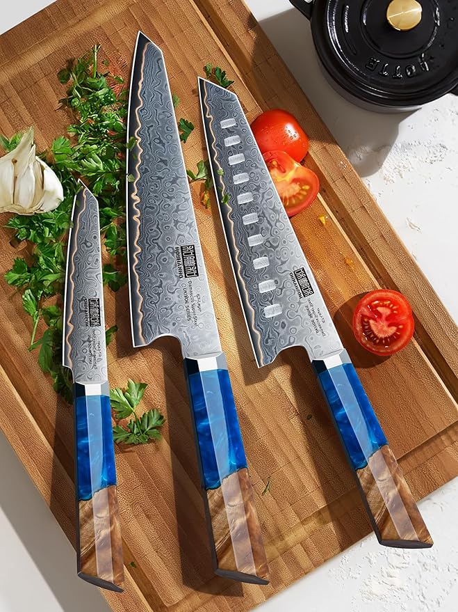 HOSHANHO Damascus 3 Pieces Knife Set, Professional 67-Layer Damascus Steel Kitchen Knife Set, Ultra Sharp Japanese Chef Knives Set with Ergonomic Blue Resin Stabilized Handle & Wood Gift Box