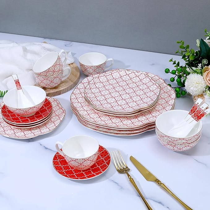 24 Piece Red Poreclain Dinnerware Set,Bone china Set for 4,Ceramic Plates and Bowls Sets With checkered cross pattern,Highly Chip and Crack Resistant | Oven & Dishwasher (Red + Checkered Cross)