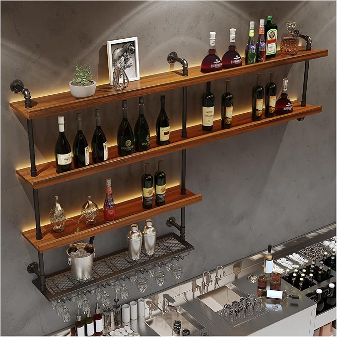 Solid Wood Wall Mounted Wine Rack, Large Wine Rack with LED Light, 4 Tiers Liquor Bottles Floating Shelves with Glass Holder, Industrial Bar Shelves for Home Bar Dining Room (39.4 IN/ 100CM)