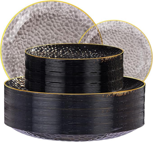 SUT 100Pcs Black Plastic Plates, Hammered Plates Disposable Heavy Duty, Black Disposable Plates With Gold Rim, Fancy Plastic plates Include 50 Dinner plate and 50 Dessert plate for