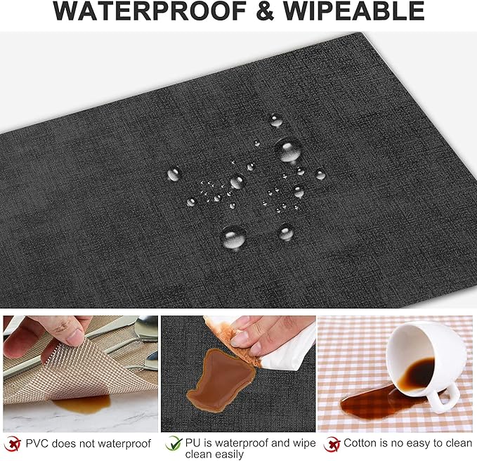LANDVIEW Leather Heat Resistant Placemats Set of 6 Waterproof Wipeable Washable PU Table Mats,Easy to Clean Anti-Slip Place Mats (Dark Grey, 6)