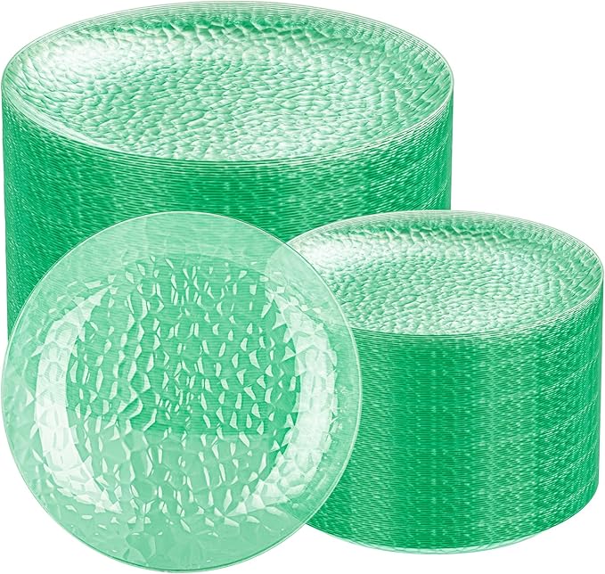Rubtlamp 100 Pcs Clear Green Plastic Plates Dinnerware Set, Green Hammered Disposable Plates, Clear Plastic Party Plates Set Include 50 Dinner Platos,50 Dessert platos for Party