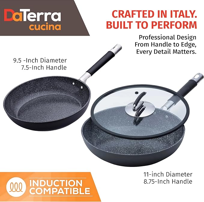 DaTerra Cucina Nonstick 2-Piece Induction Frying Bundle ??9.5" Ceramic Fry Pan & 11" Ceramic Frying Pan with Lid ??Oven & Induction Safe, Nonstick Cookware, PTFE & PFOA Free - Made in Italy, Black