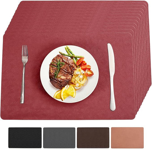 Bxzandya Vinyl Placemats Set of 12 Heat Resistant Easy Clean Non-Slip Place Mats for Dining Table Faux Leather Waterproof Stain Resistant Wipeable Washable PVC Table Mats(12, Red)