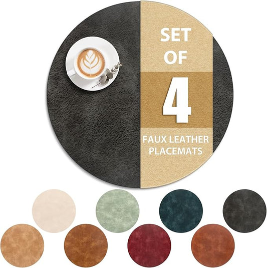 ADRIMER Placemats, Heat Resistant Round Placemats Set of 4 Washable, Waterproof Table Mats, Wipeable Faux Leather Place Mats for Kitchen, Dining Room, Dark Grey