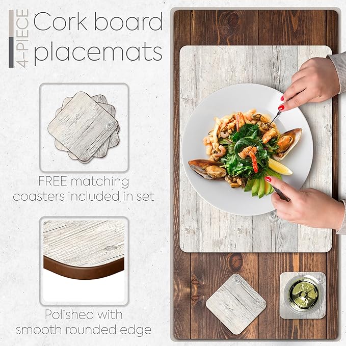 Moderry Set of 4 Heat Resistant Cork Placemats for Dining Table with Free Set of 4 Matching Drink Coasters Cork Wood Design Print 16 x 12 Inches Cork Backed Hard Placemats (White Driftwood)