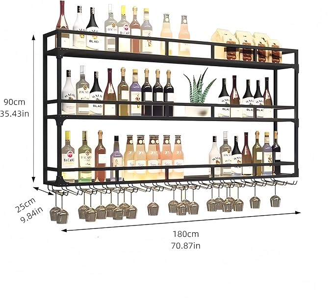 71 Inch Metal Wine Rack Wall Mounted, Bar Shelves Wall Mounted with LED Light, Large 3-Tier Liquor Bar Display Shelf with Wine Glasses for Home Bars, Dining Room & Kitchen, Black